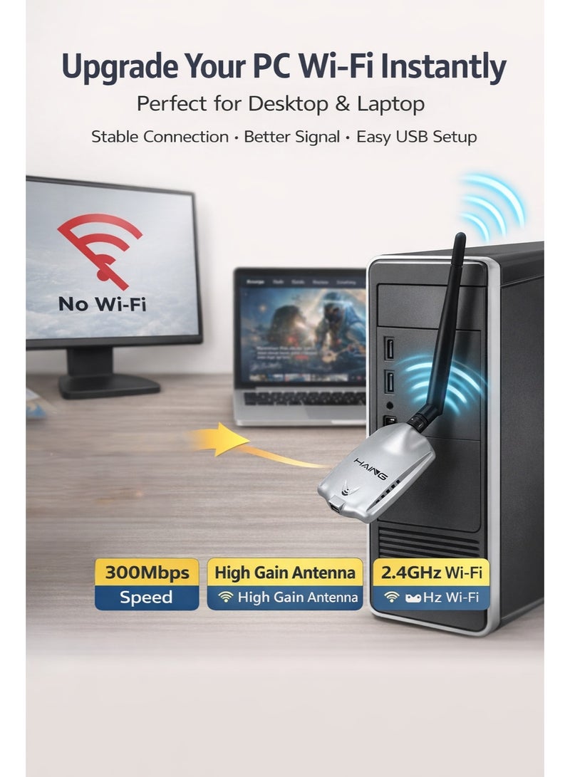 Haing HI-1800-WUA Wireless USB Adapter 300Mbps | 2.4GHz | High Gain Antenna | USB 2.0 - Image 2
